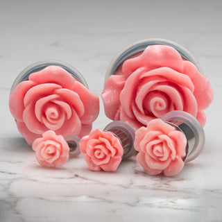 Pink Acrylic Rose Stainless Steel Single Flare Plugs *Discontinued*