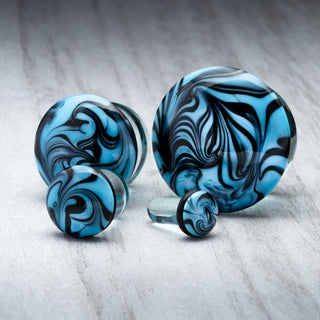 Blue with Black Swirl Single Flare Glass Plugs
