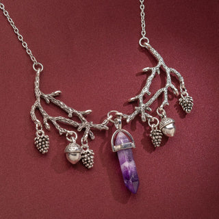 Amethyst Pendant Necklace with Acorns and Pine Cones