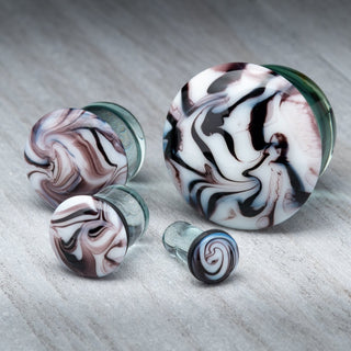 White with Black Swirl Single Flare Glass Plugs