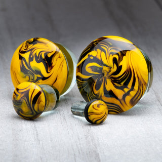 Yellow with Black Swirl Single Flare Glass Plugs