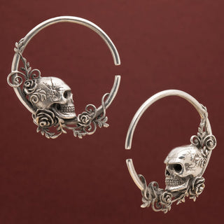 Skull with Roses White Brass Hoop Hangers