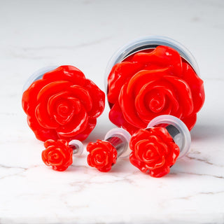 Red Acrylic Rose Stainless Steel Single Flare Plugs *Discontinued*