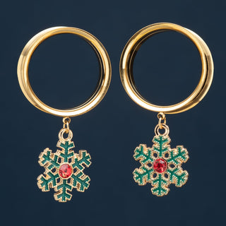 Gold Stainless Steel Tunnels with Dangling Green and Red Snowflakes
