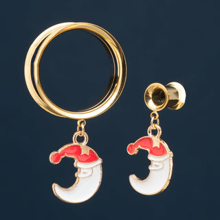 Gold Stainless Steel Tunnels with Dangling Crescent Santa