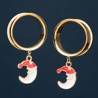Gold Stainless Steel Tunnels with Dangling Crescent Santa
