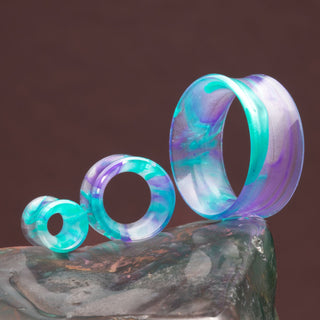 Swirled Teal & Purple Acrylic Resin Double Flare Tunnels