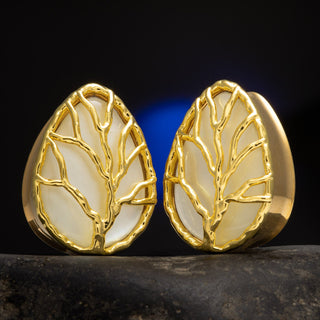 Tree of Life Stainless Steel Teardrop Plugs with Mother of Pearl