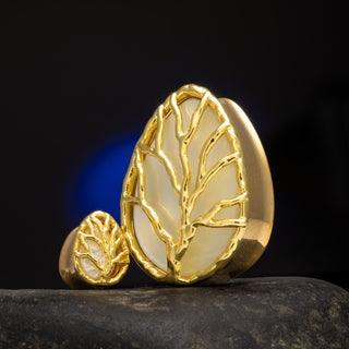 Tree of Life Stainless Steel Teardrop Plugs with Mother of Pearl