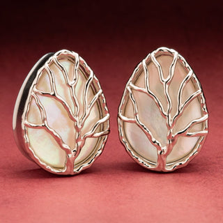 Tree of Life Stainless Steel Teardrop Plugs with Mother of Pearl