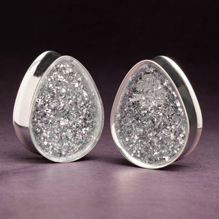 Stainless Steel Teardrop Plugs with Silver Foil Flakes