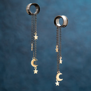 Black Steel Tunnels with Moon and Star Dangles