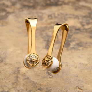 Gold Stainless Steel Hangers with Flower Design and Howlite Captured Bead