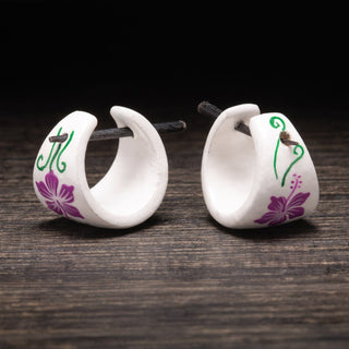 Horn Pin Earrings with Painted Pink Flowers