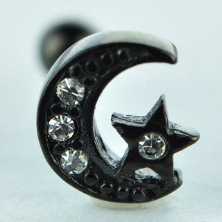 Black Crescent Moon and Star Cartilage Stud