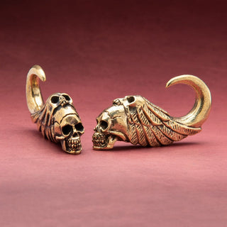 Double Skull with Feathers Brass Ear Weights Hangers