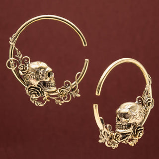 Skull with Roses Brass Hoop Hangers
