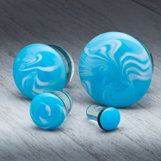Blue with White Swirl Single Flare Glass Plugs *Discontinued*