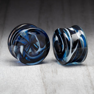Blue/Black/White Marble Swirl Double Flare Glass Plugs