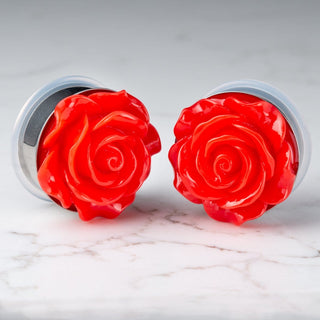 Red Acrylic Rose Stainless Steel Single Flare Plugs