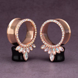 Rose Gold Double Flare Steel Tunnels with Marquise CZ