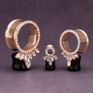 Rose Gold Double Flare Steel Tunnels with Marquise CZ