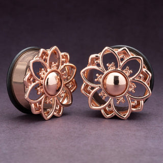 Rose Gold Single Flare Steel Tunnels with Domed Center Flower *Discontinued* - 22mm