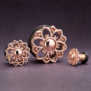 Rose Gold Single Flare Steel Tunnels with Domed Center Flower *Discontinued*