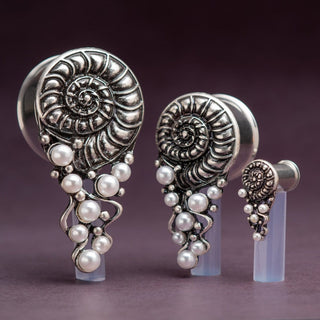 Nautilus Shell Steel Plugs with Pearl Tentacles