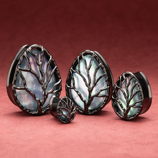 Tree of Life Black Stainless Steel Teardrop Plugs with Mother of Pearl