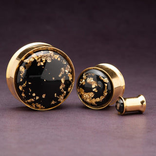 Gold Stainless Steel Plugs with Gold Foil Flakes