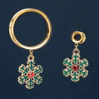 Gold Stainless Steel Tunnels with Dangling Green and Red Snowflakes