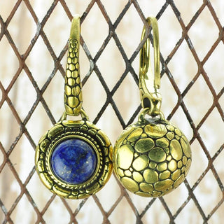 Textured Brass Earring Hangers with Lapis Center