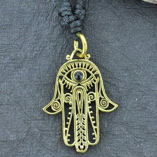 Hamsa Brass Necklace with Turquoise/Onyx Eye