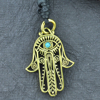 Hamsa Brass Necklace with Turquoise/Onyx Eye