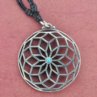 Geometric Mandala White Brass Necklace with Turquoise