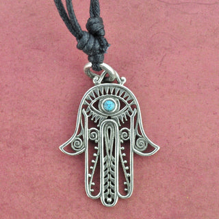 Hamsa White Brass Necklace with Turquoise/Onyx Eye